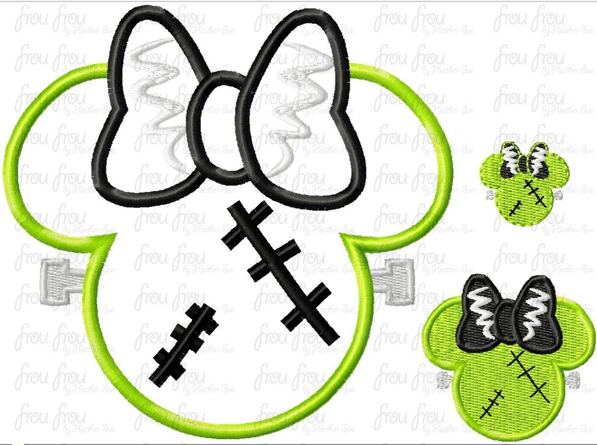 Frankenmouse Halloween Miss Mouse head Machine Applique and filled Embroidery Designs  1&quot;-16&quot;