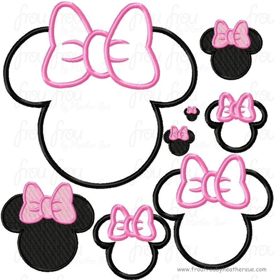 Plain Miss Mouse Head with bow machine applique and filled embroidery designs, now includes EIGHTEEN files in 14 sizes from 1/2&quot; up to 14&quot;!!
