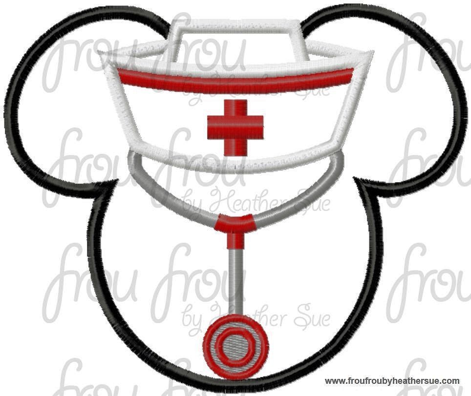 Nurse with Stethoscope Miss Mouse Head Machine Applique Embroidery Designs, multiple sizes including 4 inch