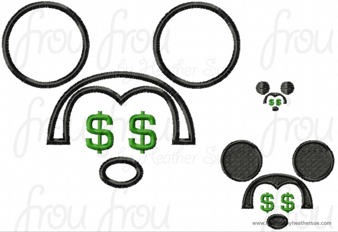 Money Mister Mouse Head Machine Applique and Filled Embroidery Design, multiple sizes, including 1, 2, 3, 4, 7, and 9 inch