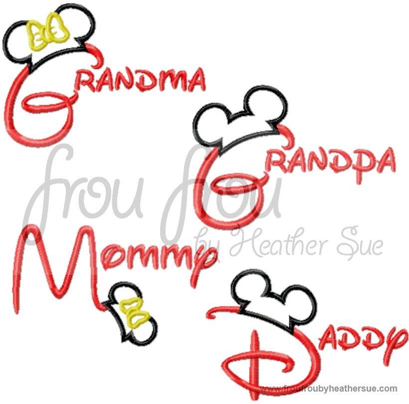 Mommy, Daddy, Grandma and Grandpa wording with Mouse Ears FOUR Design SET Machine Applique Embroidery Design, Multiple sizes including 4 inch