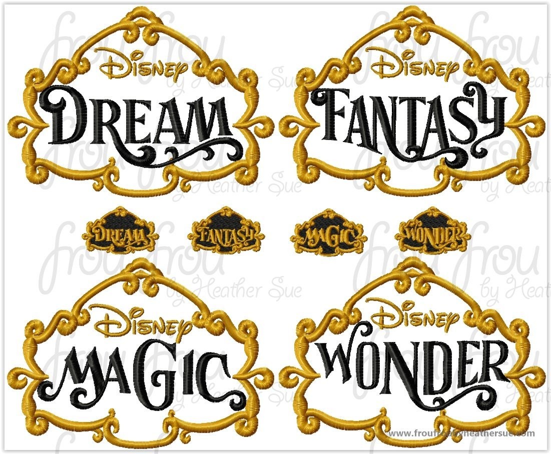 Dis Cruise Ship Fleet Wording With Scrollwork Applique FOUR Design SET Machine Embroidery Designs, Multiple sizes including 4 inch