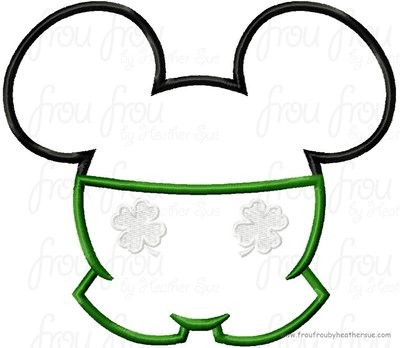 Mister Mouse Head wearing Shamrock Shorts St. Patrick's Day Machine Applique Embroidery Design, multiple sizes including 4 inch