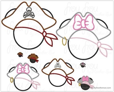 Mister and Miss Mouse Pirate Hat SET TWO Machine Applique Embroidery Designs, multiple sizes including 1- 16 inch