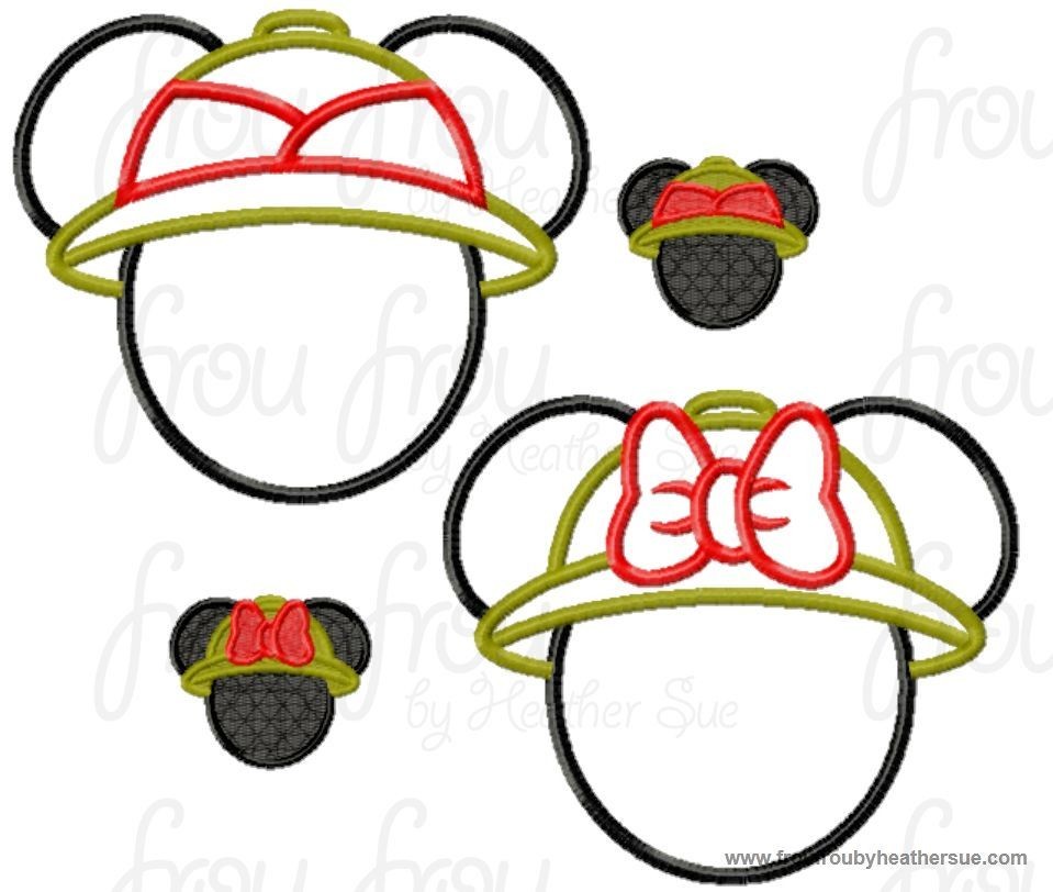 Mister and Miss Mouse Heads Wearing Safari Hat TWO design SET Machine Applique Embroidery Design, Multiple Sizes- including 4 INCH