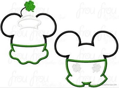 Mister and Miss Mouse Head wearing Shamrock Shorts and Skirt St. Patrick's Day TWO DESIGN SET Machine Applique Embroidery Design, multiple sizes including 4 inch