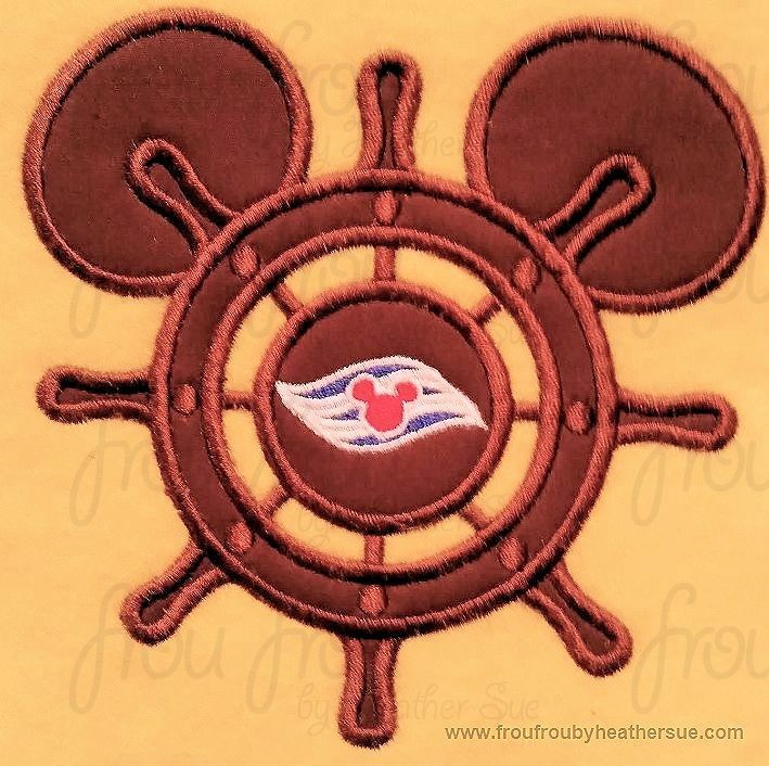 Cruise Ship Steering Wheel Helm Mister Mouse Head Machine Applique Embroidery Designs, multiple sizes including 4 inch