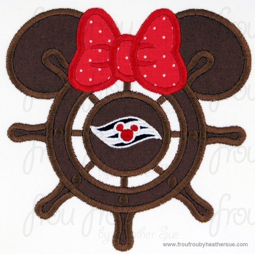Cruise Ship Steering Wheel Helm Miss Mouse Head Machine Applique Embroidery Designs, multiple sizes including 4 inch