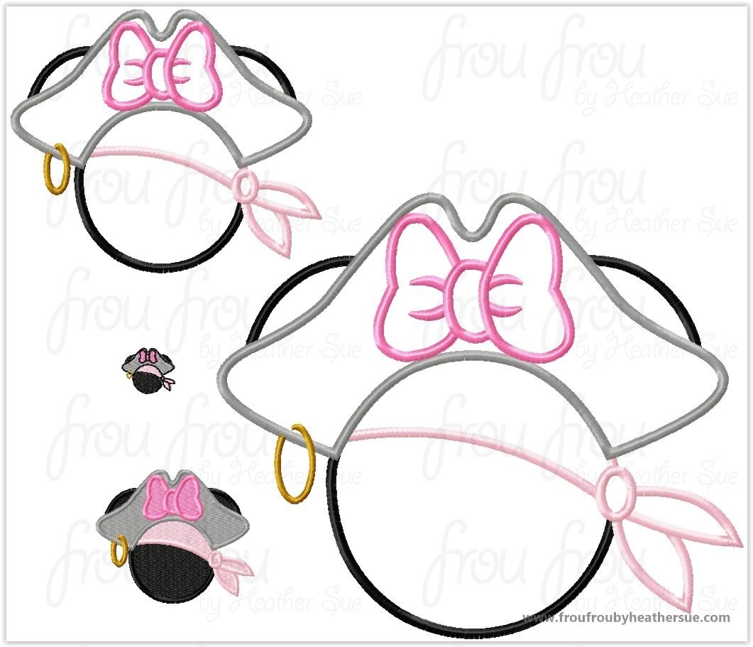 Miss Mouse Pirate Jack Hat Machine Applique Embroidery Design, multiple sizes including 1-16 inch