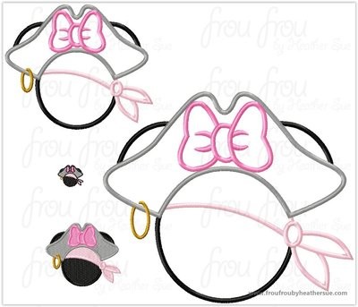 Miss Mouse Pirate Jack Hat Machine Applique Embroidery Design, multiple sizes including 1-16 inch