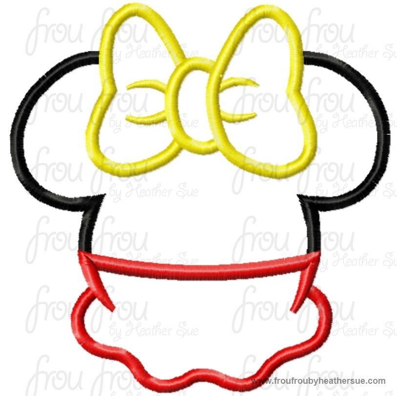 Miss Mouse Head wearing skirt Machine Applique Embroidery Design, Multiple Sizes- including 4 INCH