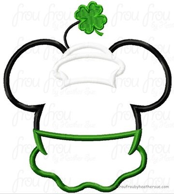 Miss Mouse Head wearing Shamrock and Skirt St. Patrick's Day Machine Applique Embroidery Design, multiple sizes including 4 inch