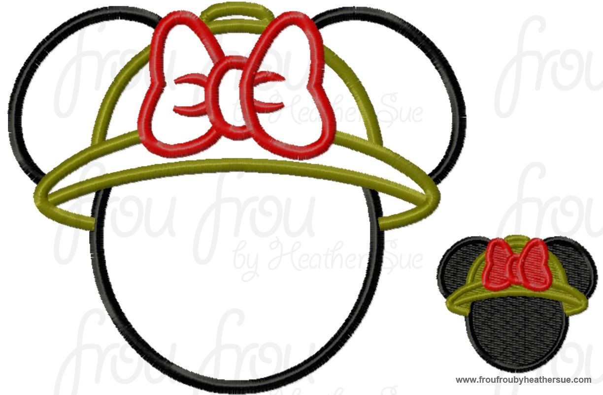 Miss Mouse Head Wearing Safari Hat Machine Applique Embroidery Design, Multiple Sizes- including 4 INCH