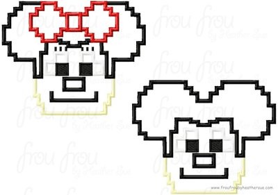 Mine Mister and Miss Mouse Head pixelated pixels Two Design Set Machine Applique Embroidery Design, Multiple sizes including 4 inch