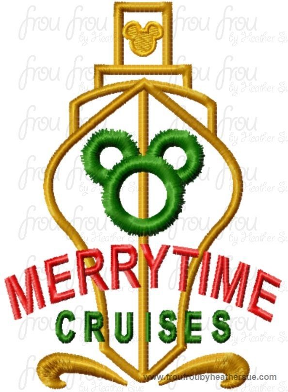 Merrytime Dis Cruise Line with wreath Mouse Head Machine Applique Embroidery Design, Multiple Sizes, including  4 inch