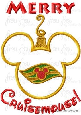 Merry Cruisemouse Dis Cruise Line Christmas Ornament Mouse Head WITH and WITHOUT wording Machine Applique Embroidery Design, Multiple Sizes, including  4 inch