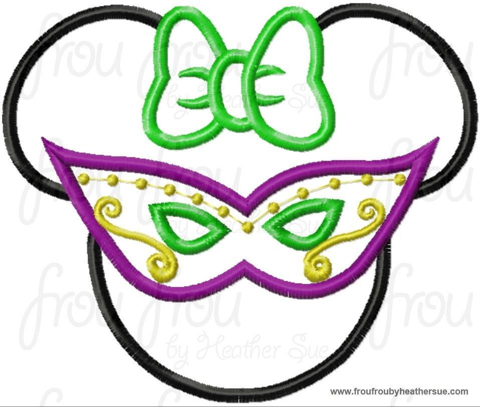 Mardi Gras Miss Mouse Mask with Bow, Machine Applique Embroidery Design, Multiple Sizes, including 4 inch