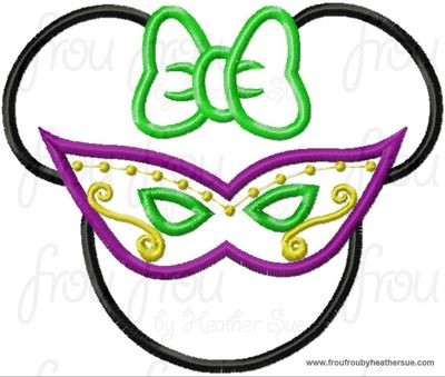 Mardi Gras Miss Mouse Mask with Bow, Machine Applique Embroidery Design, Multiple Sizes, including 4 inch