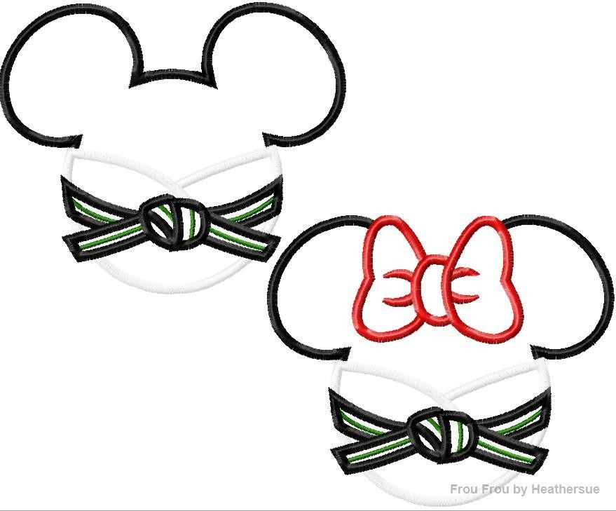 Karate Mister and Miss Mouse Head SET Machine Applique Embroidery Designs, multiple sizes including 4 inch