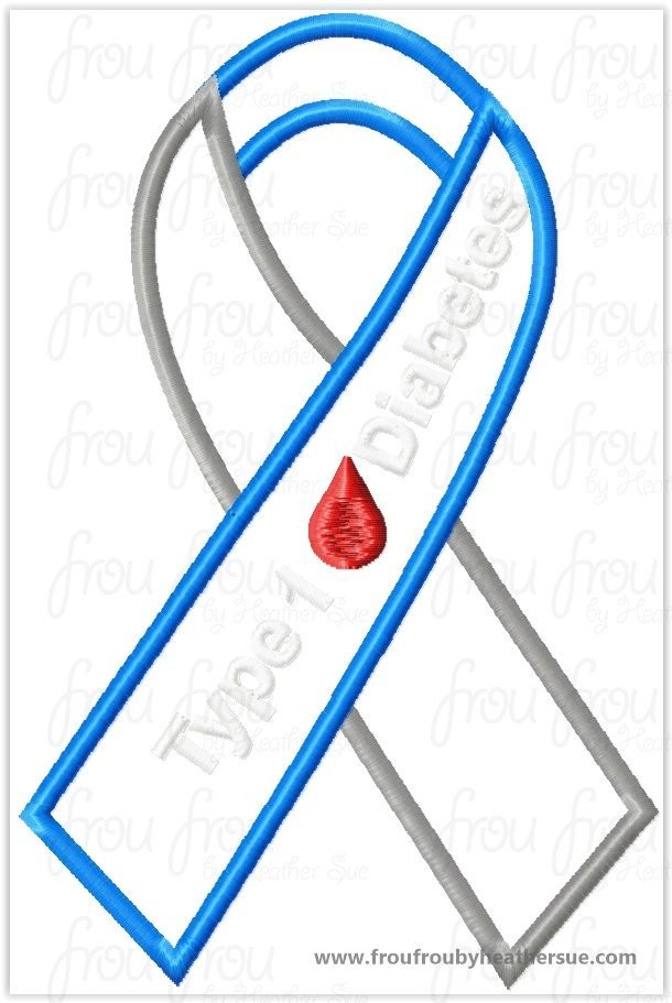 Type 1 Diabetes Awareness Ribbon Applique Embroidery Design, mutltiple sizes including 4 inch