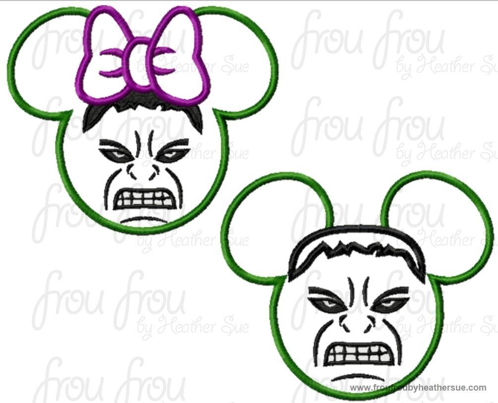 Hulking Super Hero Mister and Miss Mouse Head TWO Design SETMachine Applique Embroidery Designs, multiple sizes including 4 inch