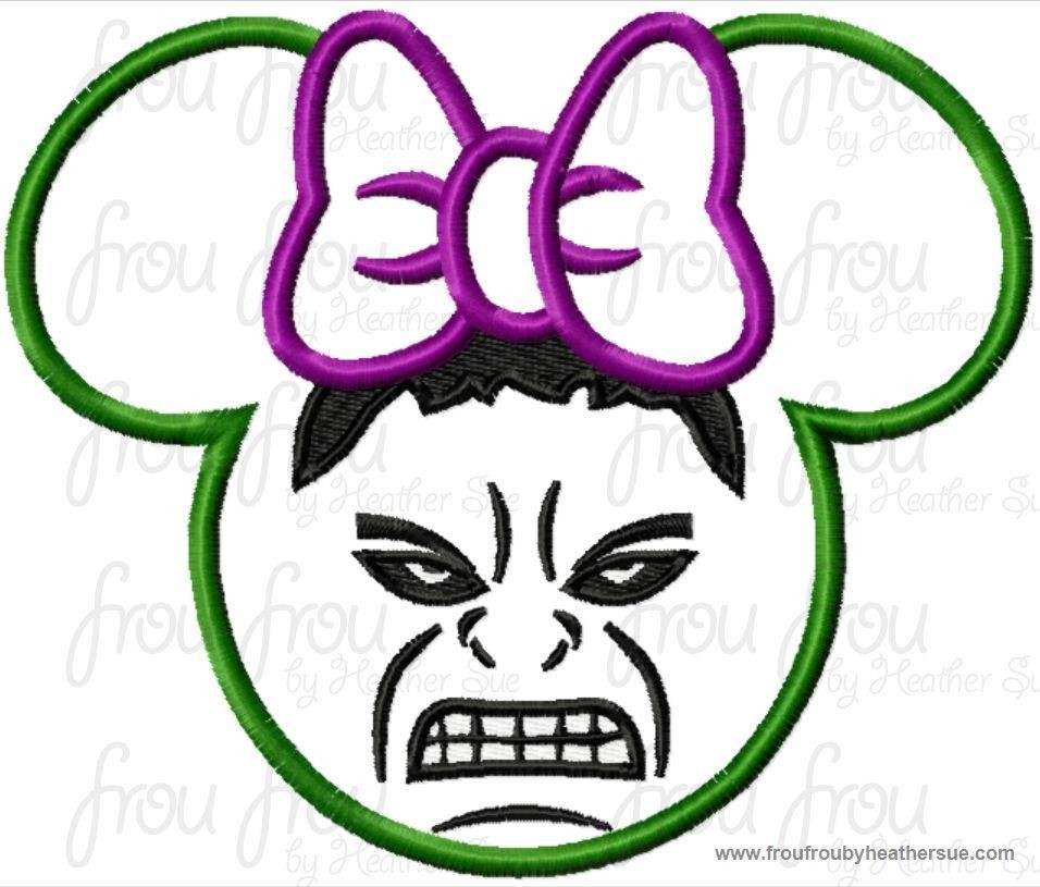 Hulking Super Hero Miss Mouse Head Machine Applique Embroidery Designs, multiple sizes including 4 inch