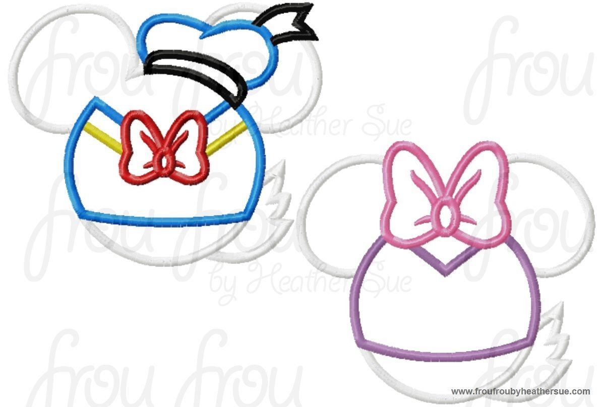 Don and Dasey Duck Mister and Miss Mouse Head TWO Design SET Machine Applique Embroidery Design, Multiple sizes including 4 inch
