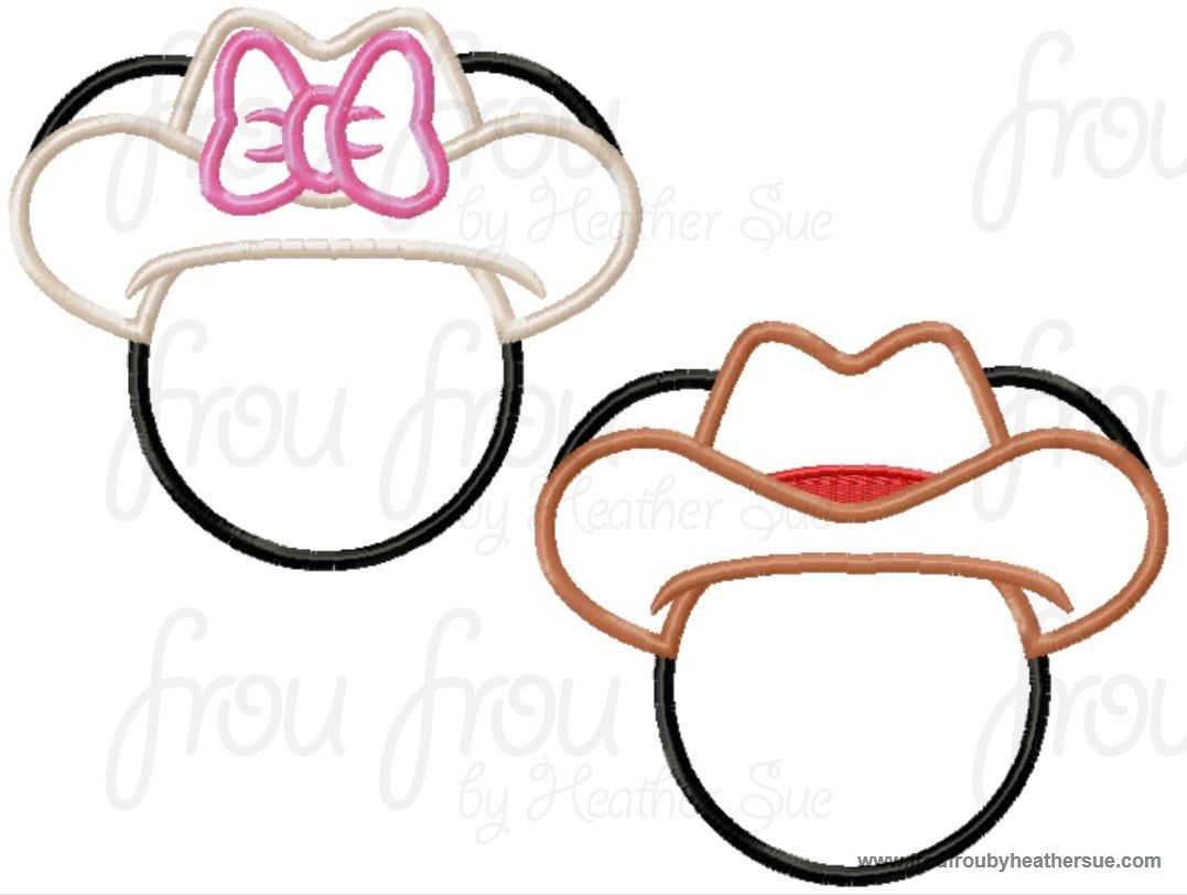 Cowboy and Cowgirl Mister and Miss Mouse Head TWO Design SET Machine Applique Embroidery Designs, multiple sizes including 4 inch