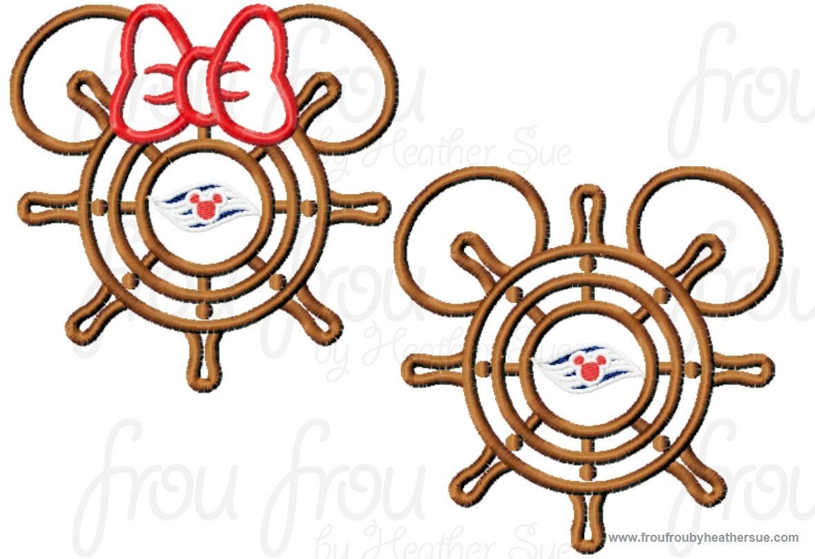 Cruise Ship Steering Wheel Helm Mister and Miss Mouse Head TWO DESIGN SETMachine Applique Embroidery Designs, multiple sizes including 4 inch
