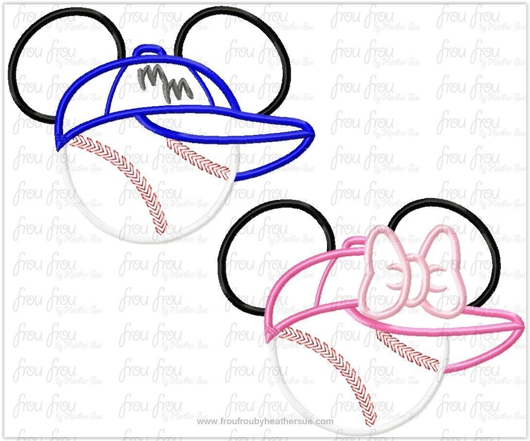 Baseball Softball Mister and Miss Mouse Head Wearing Baseball Cap Hat TWO Design SET Machine Applique Embroidery Designs, multiple sizes including 4&quot;-16&quot;