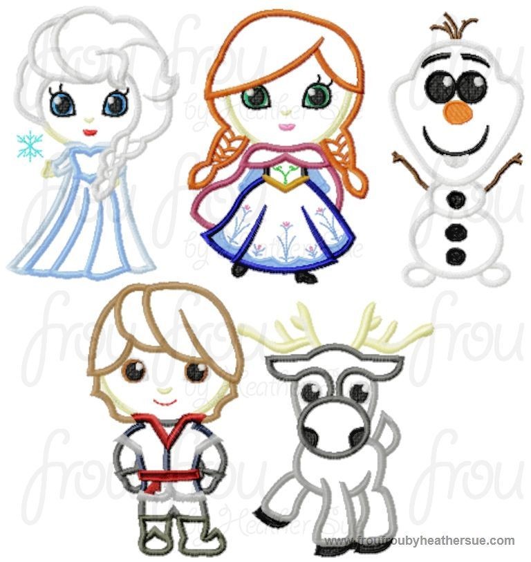 Freezing Cutie Little Princesses FIVE Design SET  Machine Applique Embroidery Design, Multiple Sizes, NOW INCLUDING 4 INCH