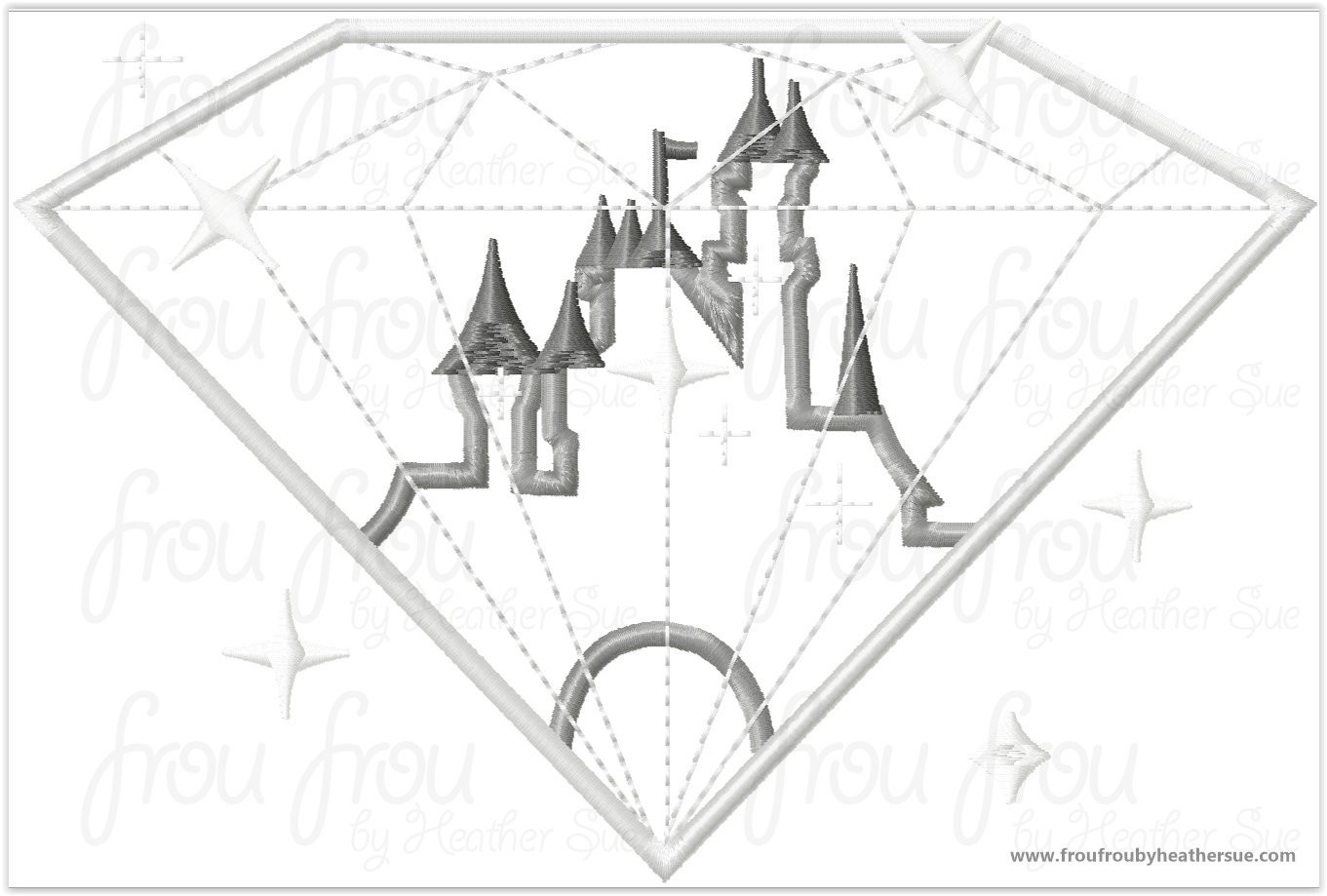 Diamond with Castle inside Dis Land or Dis World Diamond Celebration 60th Anniversary Machine Applique Embroidery Design, Multiple Sizes, including  4&quot;-16&quot;
