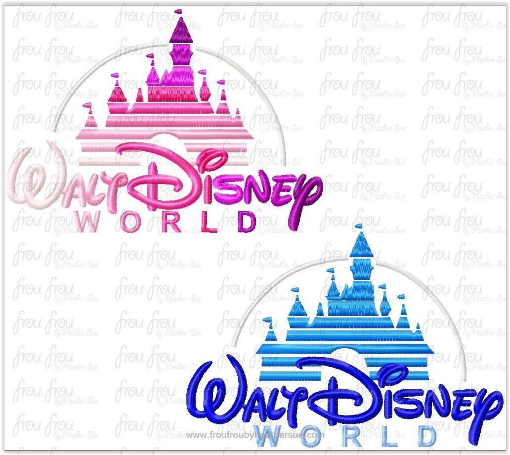 Walter Dis Logo With Castle Theme Park  TWO versions Machine Applique Embroidery Design, Multiple Sizes including 3&quot;-16&quot;