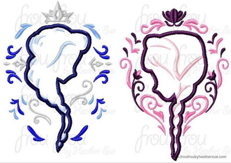Annie and Ellie Silhouette decorated and plain Freezing  FOUR Design SET Machine Applique Embroidery Design, multiple sizes including 4 inch