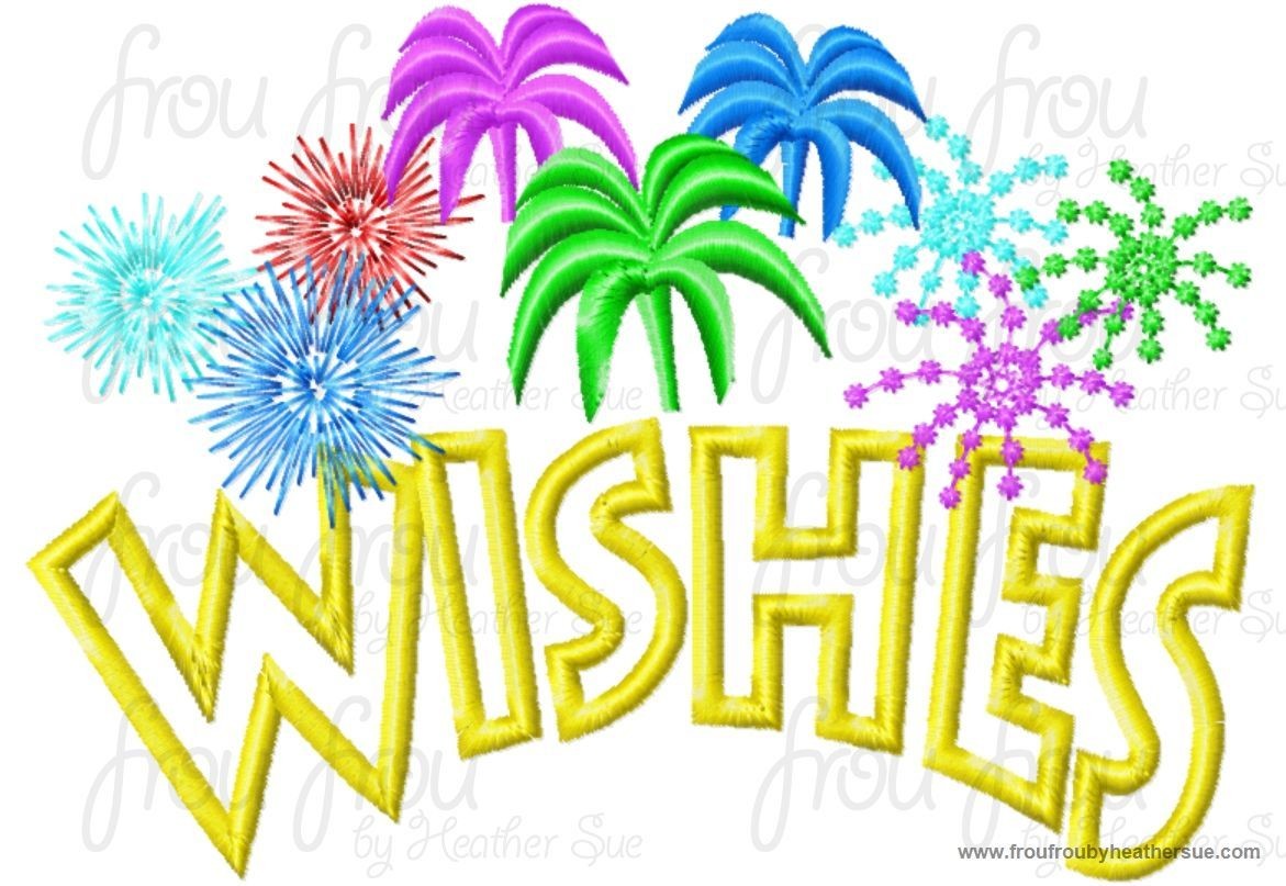 Wishing Applique letters and filled TWO versions- With and Without Fireworks Machine Embroidery Design, multiple sizes including 4 inch