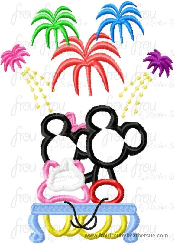 Mister and Miss Mouse Watching Fireworks Machine Applique Embroidery Designs, multiple sizes including 4 inch