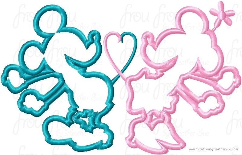 Mister and Miss Mouse With Heart Tails Silhouette Valentine&#39;s Day Love Machine Applique Embroidery Design- Multiple sizes, including 4 inch