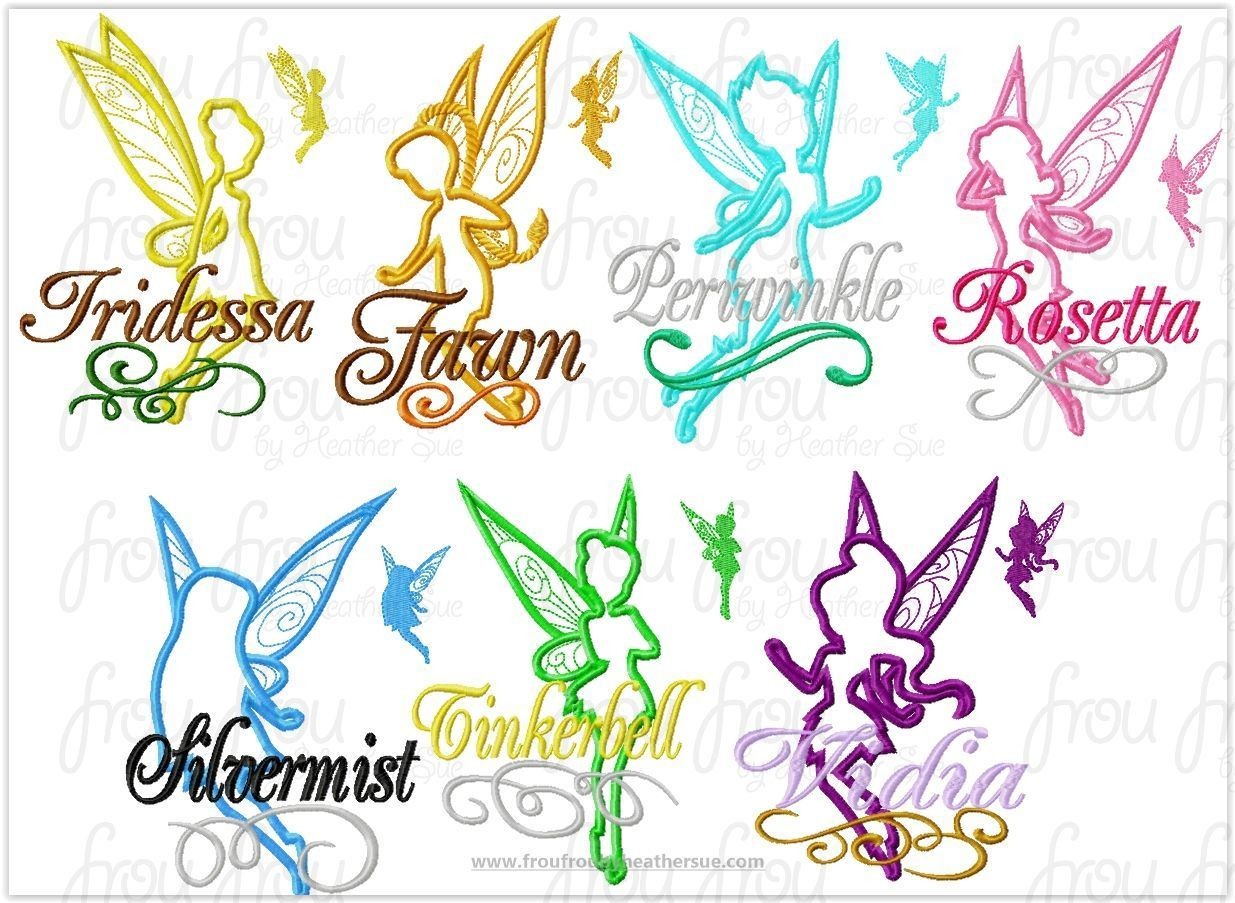 Tinkk and Friends Fairy Silhouette and Names TWENTY-ONE Design SET Machine Applique Embroidery Designs, multiple sizes including 2