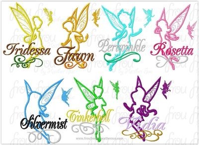 Tinkk and Friends Fairy Silhouette and Names TWENTY-ONE Design SET Machine Applique Embroidery Designs, multiple sizes including 2