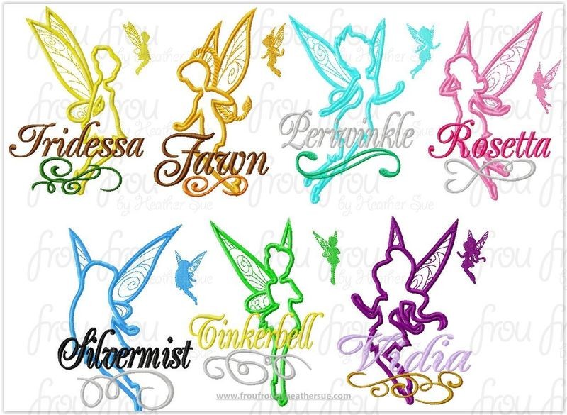 Tinkk and Friends Fairy Silhouette and Names TWENTY-ONE Design SET Machine Applique Embroidery Designs, multiple sizes including 2"-16"