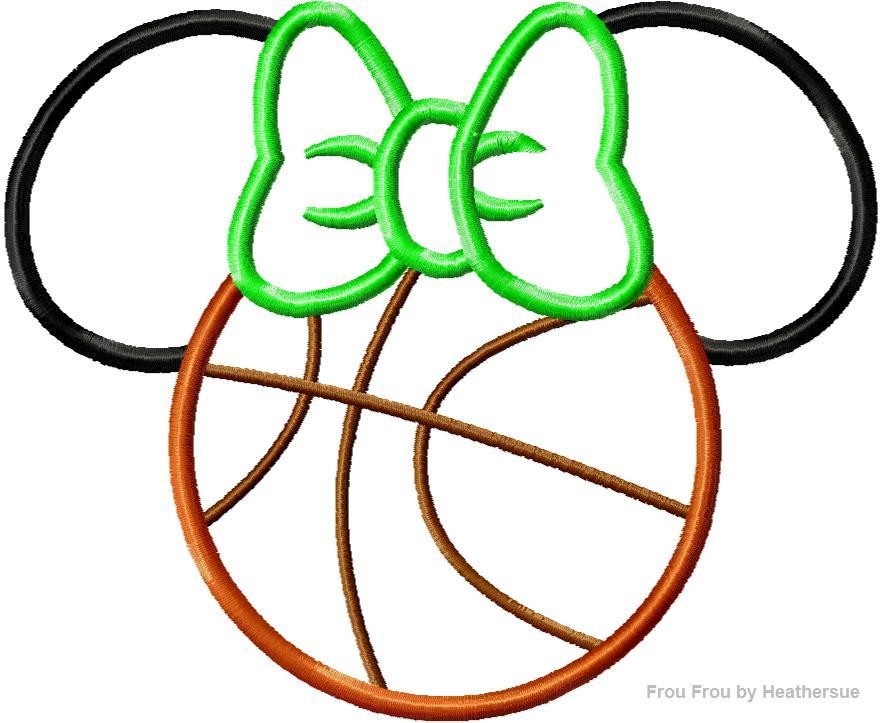Basketball Miss Mouse Head Machine Applique Embroidery Designs, multiple sizes including 4 inch