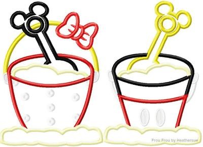Beach Bucket and Shovel Mister and Miss Mouse Head TWO Design SET Summer Machine Applique and Filled Embroidery Design, multiple sizes, including 4 inch
