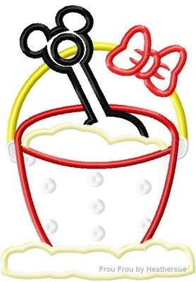 Beach Bucket and Shovel Miss Mouse Head Summer Machine Applique and Filled Embroidery Design, multiple sizes, including 4 inch