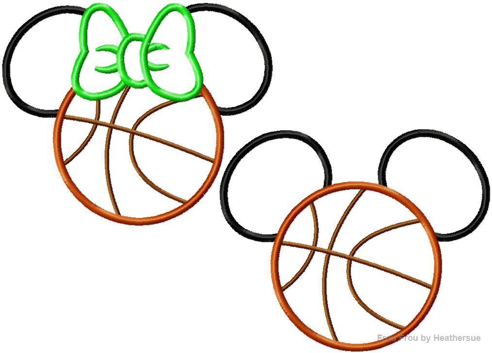 Basketball Mister and Miss Mouse Head TWO Design SET Machine Applique Embroidery Designs, multiple sizes including 4 inch