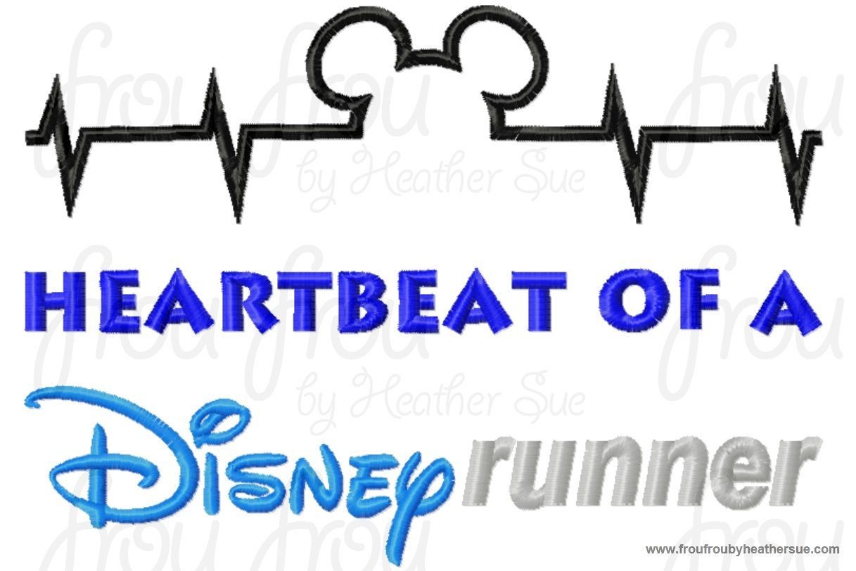 Heartbeat of a Dis Runner Wording with Mister Mouse Ears Embroidery Design, Multiple Sizes including 4 inch