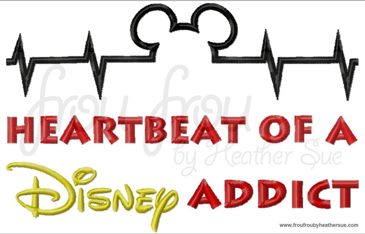 Heartbeat of a Dis Addict Wording with Mister Mouse Ears Embroidery Design, Multiple Sizes including 4 inch