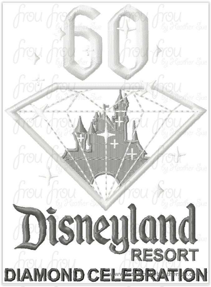 Dis Land Diamond Celebration 60th Anniversary Wording Machine Applique Embroidery Design, Multiple Sizes, including  4x4, 5x7, and 6x10