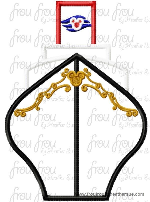 Dis Cruise Ship Full Color Front Plain Machine Applique Embroidery Designs, Multiple sizes including 4 inch