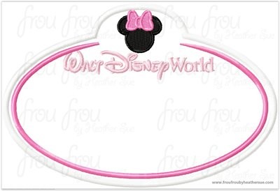 Dis World Miss Mouse Head BLANK Name Tag Machine Applique Embroidery Design, Multiple Sizes, including 4x4, 5x7, and 6x10