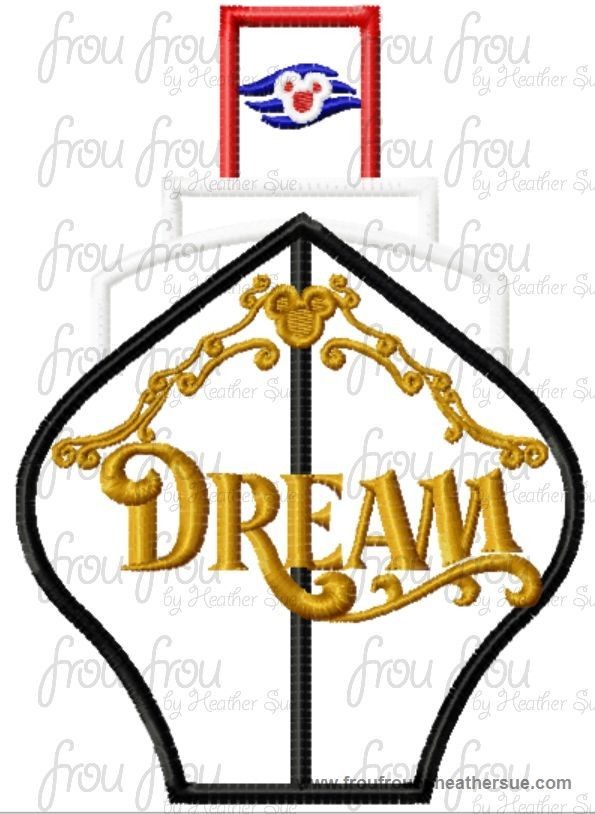 Dis Cruise Ship Full Color Front Dreem Machine Applique Embroidery Designs, Multiple sizes including 4 inch